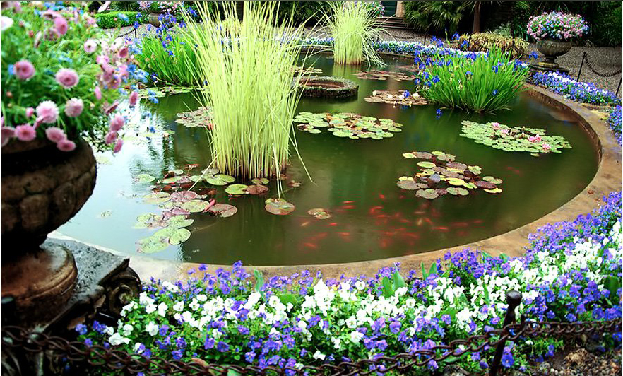 Красивый искусственный водоем в саду
